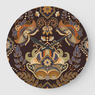 Dark Paisley: Floral Indian Seamless. Large Clock
