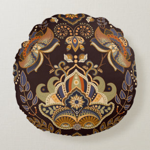 Dark Paisley: Floral Indian Seamless. Round Pillow