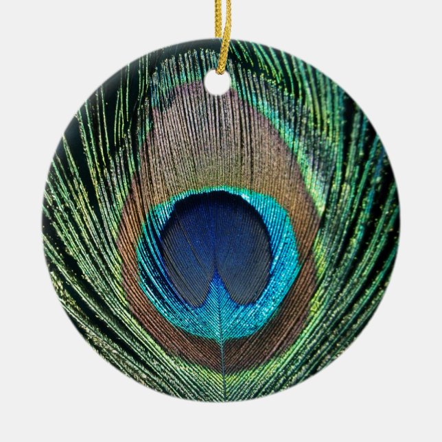 Dark Peacock Feather Ceramic Ornament (Front)