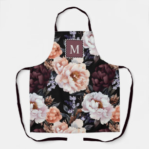 Dark Peonies Floral Pattern   Monogram Apron