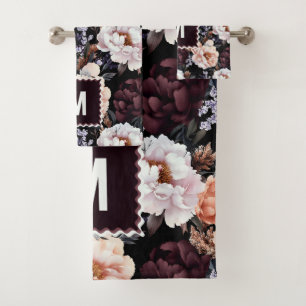Dark Peonies Floral Pattern   Monogram Bath Towel Set