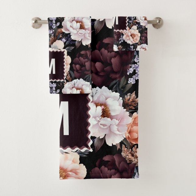 Dark Peonies Floral Pattern | Monogram Bath Towel Set (Insitu)