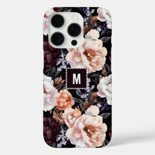 Dark Peonies Floral Pattern   Monogram iPhone 16 Pro Case