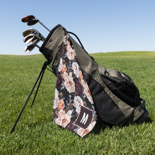 Dark Peonies Floral Pattern | Monogram Golf Towel (Green)