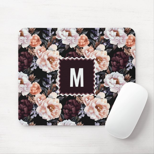 Dark Peonies Floral Pattern | Monogram Mouse Pad (With Mouse)