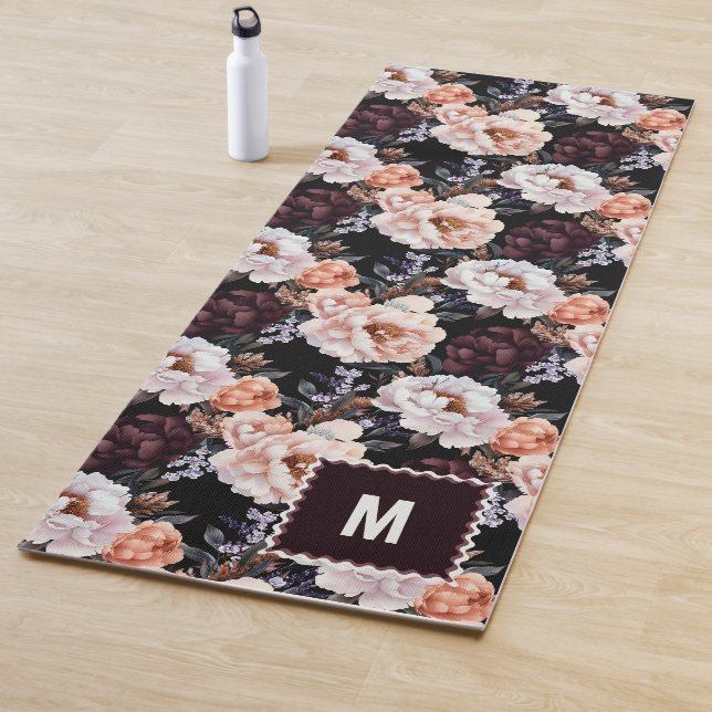 Dark Peonies Floral Pattern | Monogram Yoga Mat (In Situ)