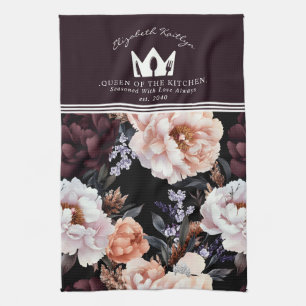 Dark Peonies Floral Pattern Queen of the Kitchen Kitchen Towel