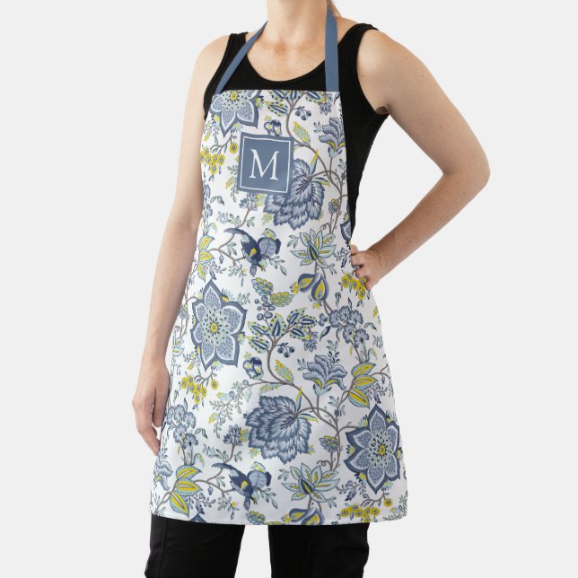 Dark Periwinkle Blue Floral Motif Pattern Monogram Apron (Insitu)