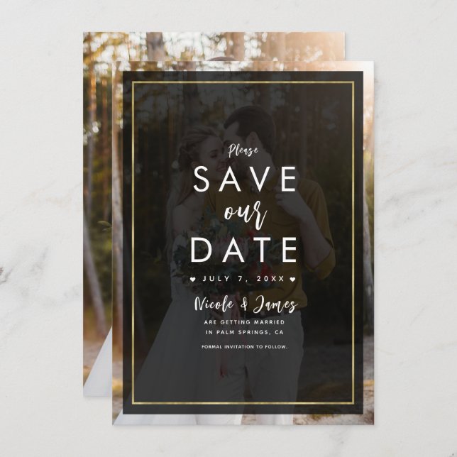Dark Photo Gold Tint Overlay Modern Save the Date Invitation (Front/Back)