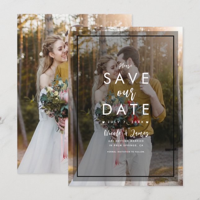 Dark Photo Tint Overlay 3 Modern Save the Date Invitation (Front/Back)