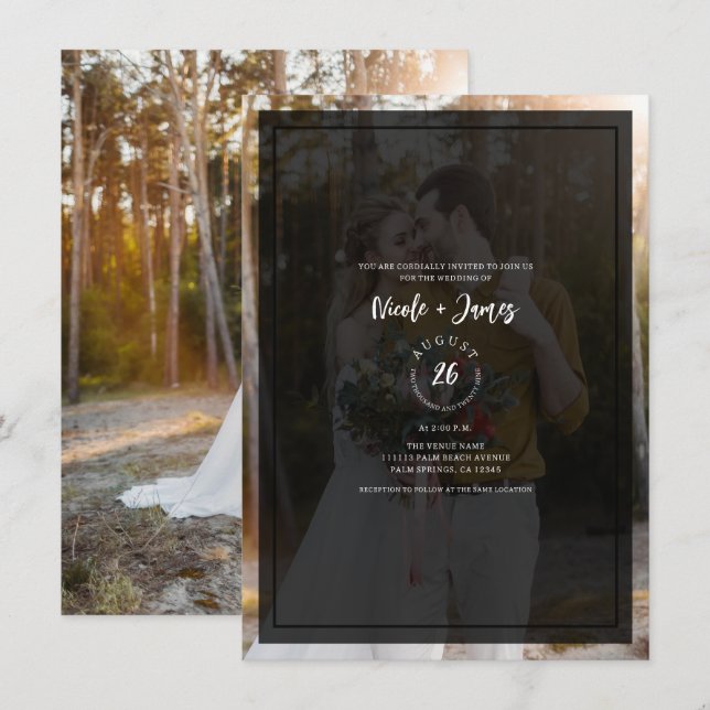 Dark Photo Tint Overlay Modern Minimal Wedding Invitation (Front/Back)