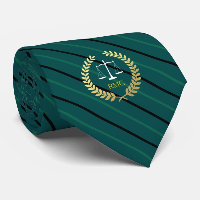 Dark Pine Green Striped Custom Initials Lawyer Tie (Rolled)