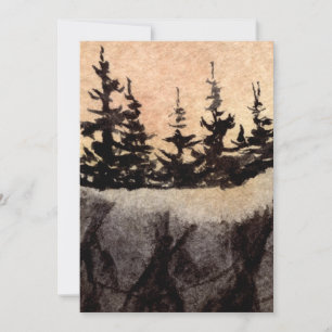 Dark pines on a cliff with a greyed pink sky art