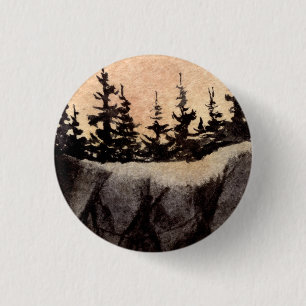 Dark pines on sheer cliff with greyed pink sky art 1 inch round button