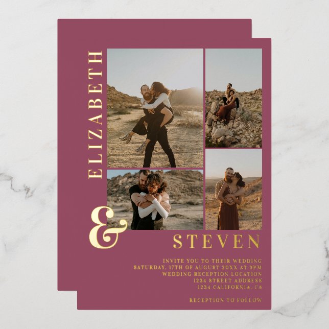Dark pink ampersand 4 photo grid wedding gold (Front/Back)