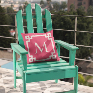 Dark Pink and White Monogrammed Greek Key Border Throw Pillow