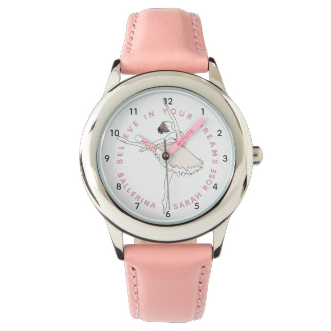 Dark Pink Ballerina Girl Personalized Name Watch (Front)