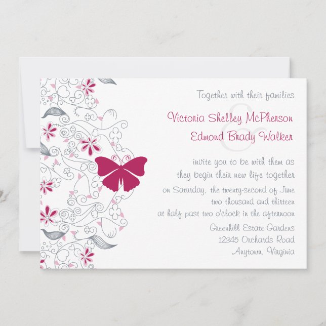 Dark Pink Butterfly Whimsy Wedding Invitation (Front)