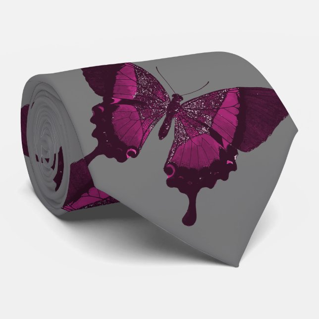 Dark pink butterfly with grey backround tie (Rolled)