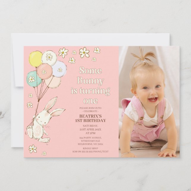 Dark Pink Daisies Balloons Some Bunny 1st Birthday Invitation (Front)