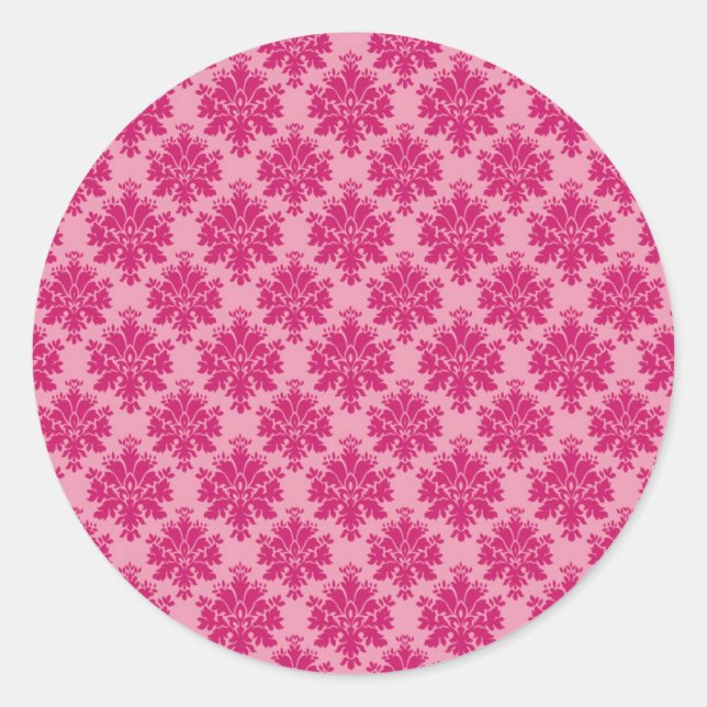 Dark pink damask rows on pink background pattern classic round sticker (Front)