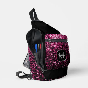Dark pink faux glitter sparkles Black Monogram Sling Bag