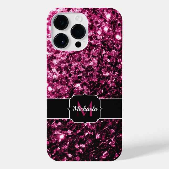 Dark Pink faux glitter sparkles bling Monogram iPhone Case (Back)