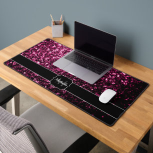 Dark pink faux glitter sparkles Monogram Desk Mat