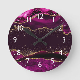 Dark Pink & Faux Gold Glitter Agate Round Clock