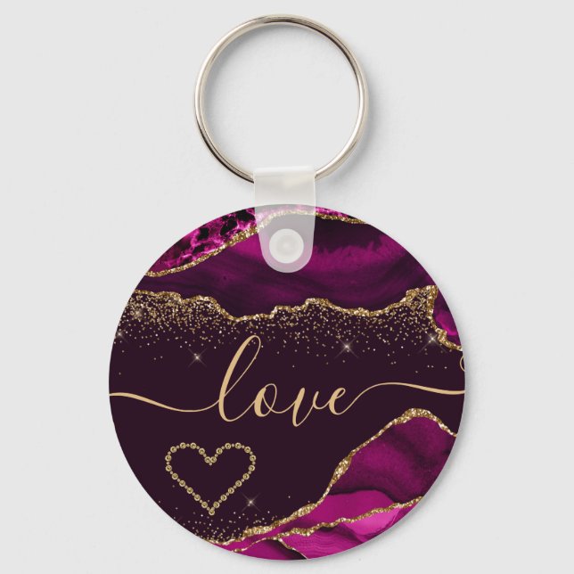 Dark Pink & Faux Gold Glitter Agate Valentine's Keychain (Front)