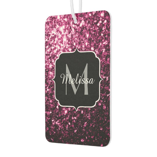 Dark Pink faux shiny glitter sparkles Monogram Car Air Freshener (Left)