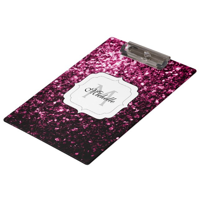 Dark Pink faux shiny glitter sparkles Monogram Clipboard (Angled)