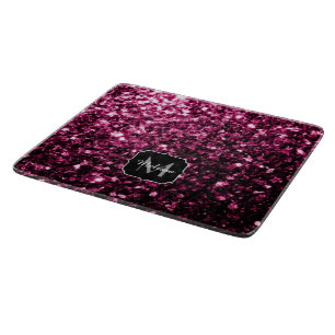 Dark Pink faux shiny glitter sparkles Monogram Cutting Board