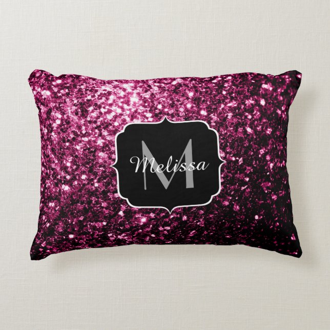 Dark Pink faux shiny glitter sparkles Monogram Decorative Pillow (Front)