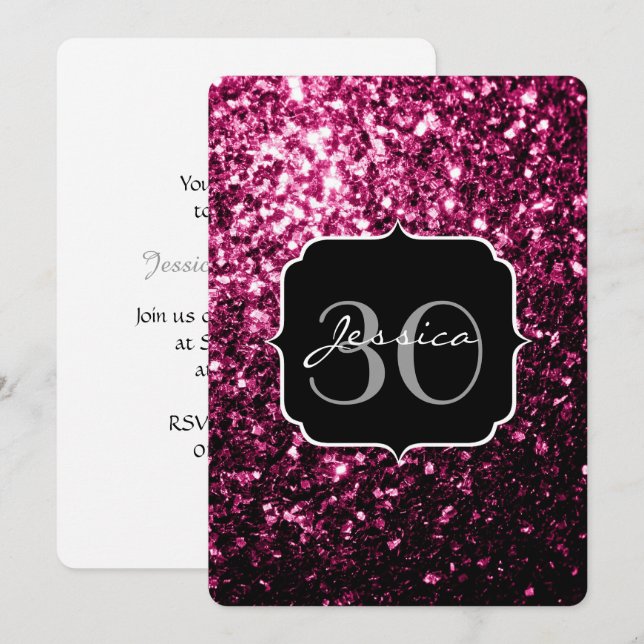 Dark Pink faux shiny glitter sparkles Monogram Invitation (Front/Back)