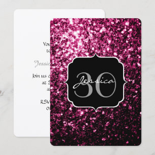 Dark Pink faux shiny glitter sparkles Monogram Invitation