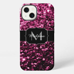Dark Pink faux shiny glitter sparkles Monogram iPhone 13 Case