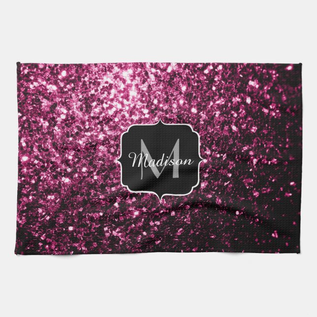 Dark Pink faux shiny glitter sparkles Monogram Kitchen Towel (Horizontal)
