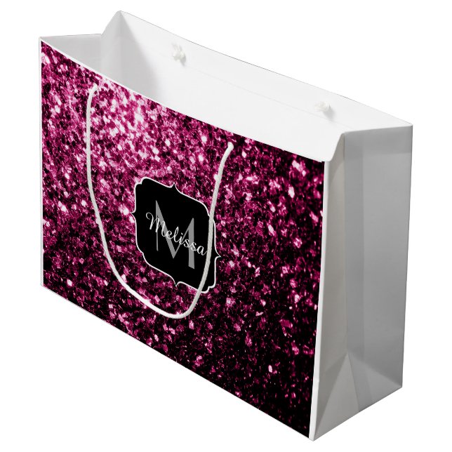 Dark Pink faux shiny glitter sparkles Monogram Large Gift Bag (Front Angled)