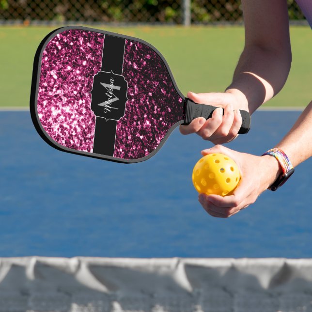 Dark Pink faux shiny glitter sparkles Monogram Pickleball Paddle (Insitu)