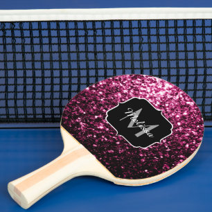 Dark Pink faux shiny glitter sparkles Monogram Ping Pong Paddle