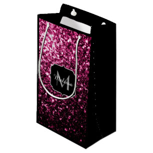 Dark Pink faux shiny glitter sparkles Monogram Small Gift Bag