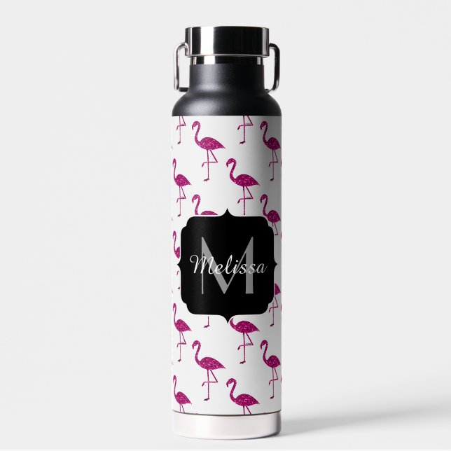Dark Pink faux shiny glitter sparkles Monogram Wat Water Bottle (Front)