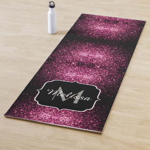 Dark Pink faux shiny glitter sparkles Monogram Yoga Mat