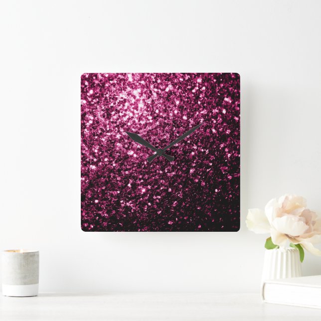 Dark Pink faux shiny glitter sparkles Square Wall Clock (Home)