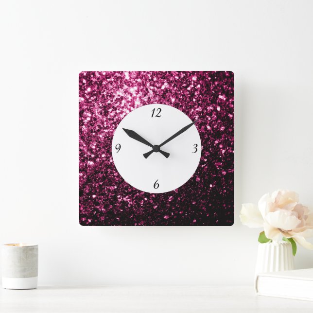 Dark Pink faux shiny glitter sparkles with numbers Square Wall Clock (Home)