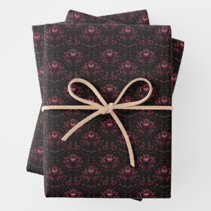 Dark Pink Floral Damask on Black Wrapping Paper Sheet
