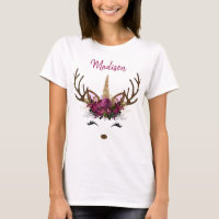 Dark Pink Gold Monogram Christmas Unicorn Reindeer