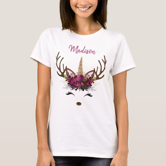 Dark Pink Gold Monogram Christmas Unicorn Reindeer T-Shirt (Front)