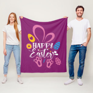 Dark Pink Happy Easter Cute Bunny With Easter Eggs Fleece Blanket